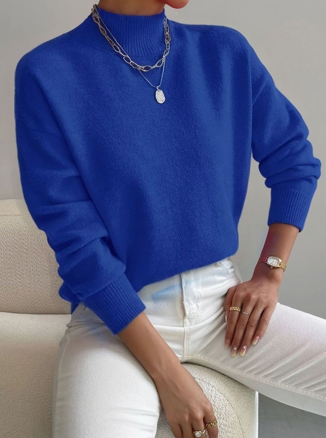 Women's Relaxed-Fit Mock-Neck Knit Turtleneck Jumper - Blue