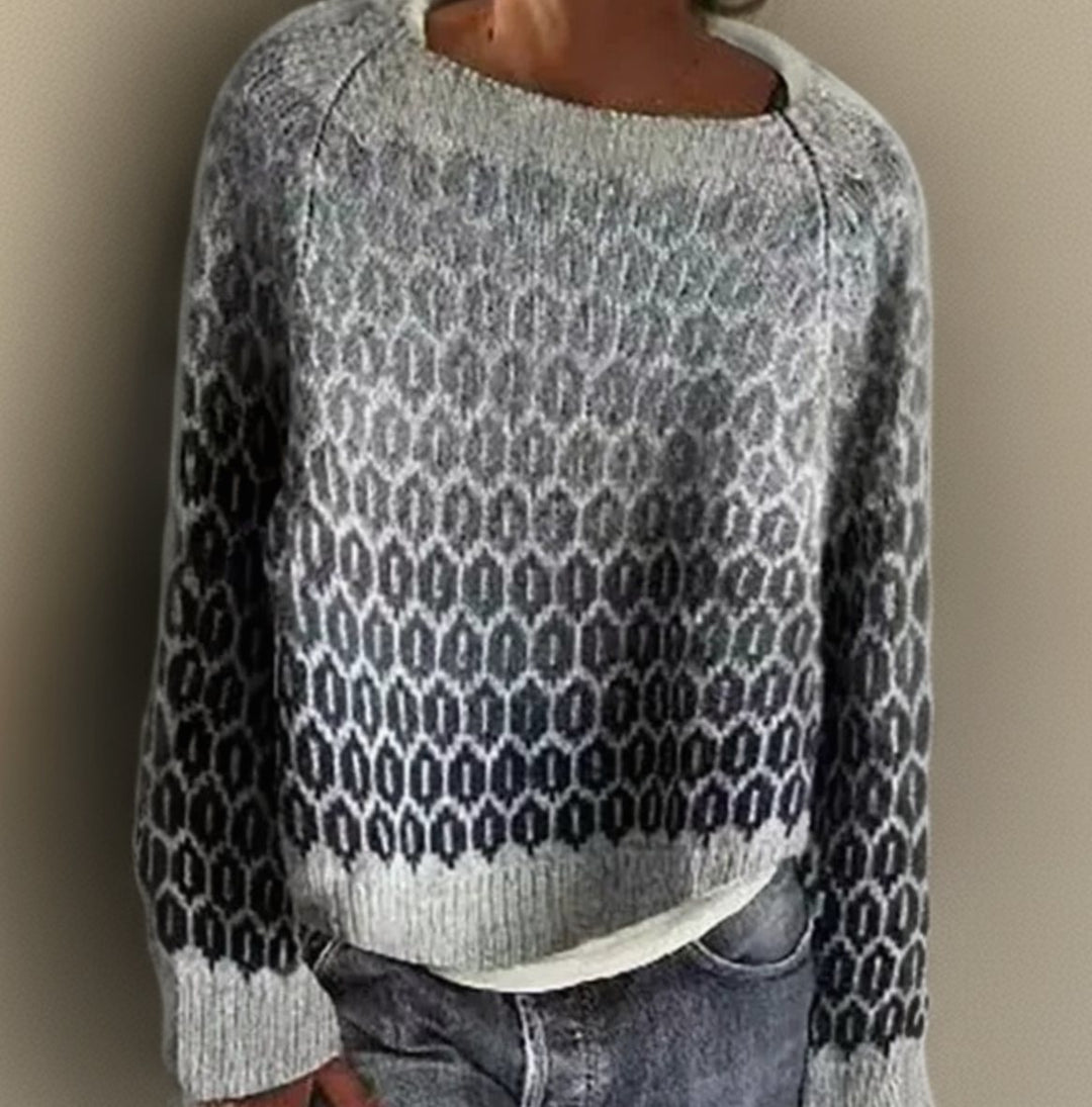 Women's Relaxed-Fit Round-Neck Geometric Knitted Jumper, Grey - Grey
