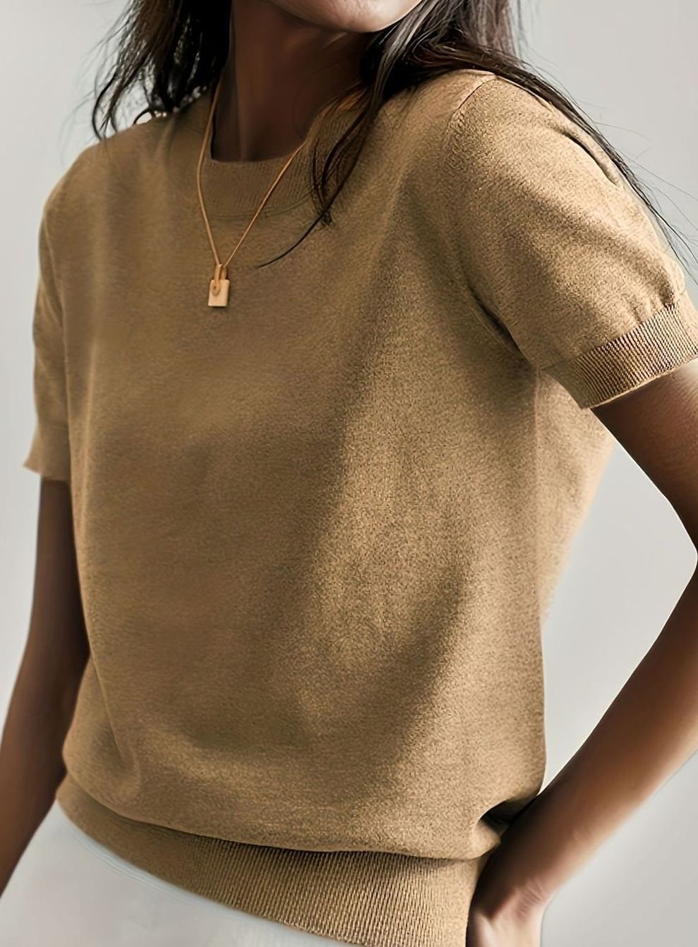 Women's Relaxed-Fit Round-Neck Short-Sleeve Knitted Jumper Top - Earthy Gold