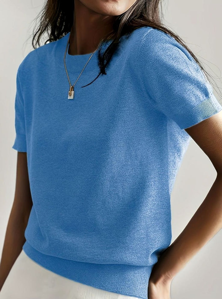 Women's Relaxed-Fit Round-Neck Short-Sleeve Knitted Jumper Top, Blue - Blue