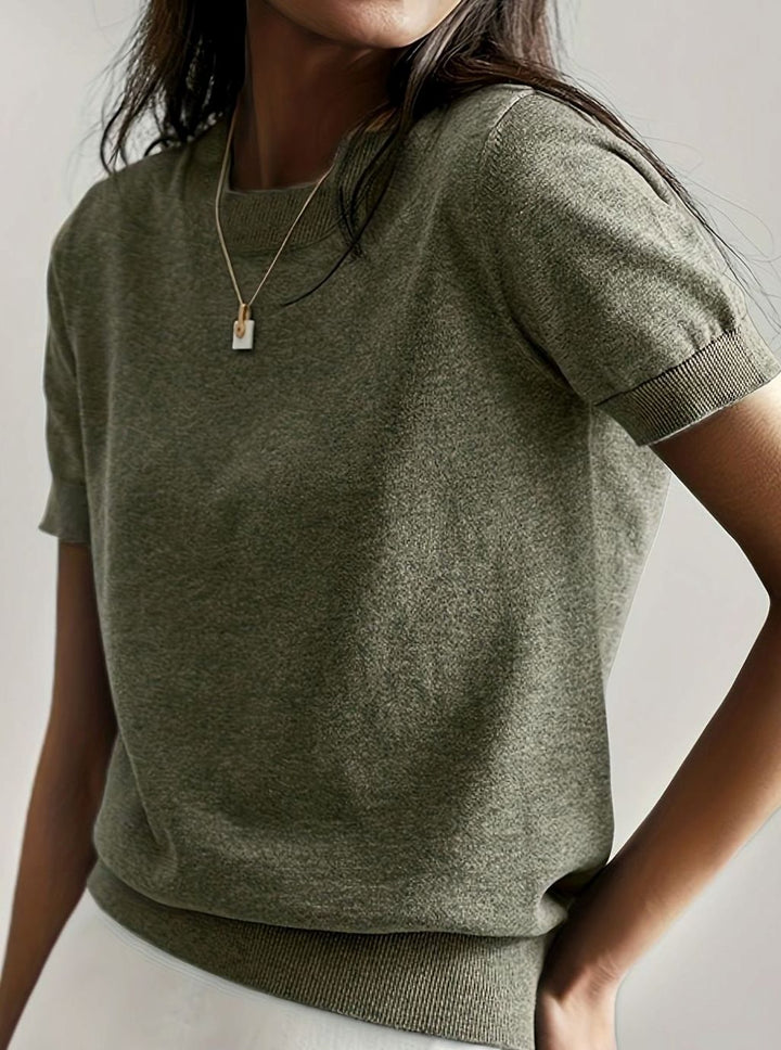 Women's Relaxed-Fit Round-Neck Short-Sleeve Knitted Jumper Top, Blue - Olive