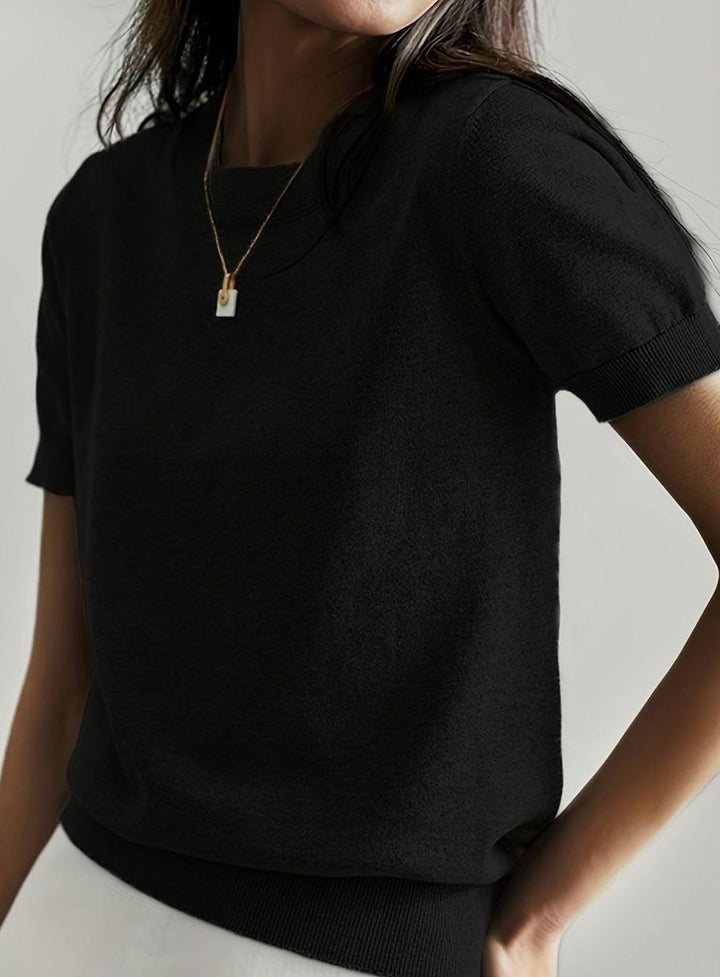 Women's Relaxed-Fit Round-Neck Short-Sleeve Knitted Jumper Top, Blue - Black