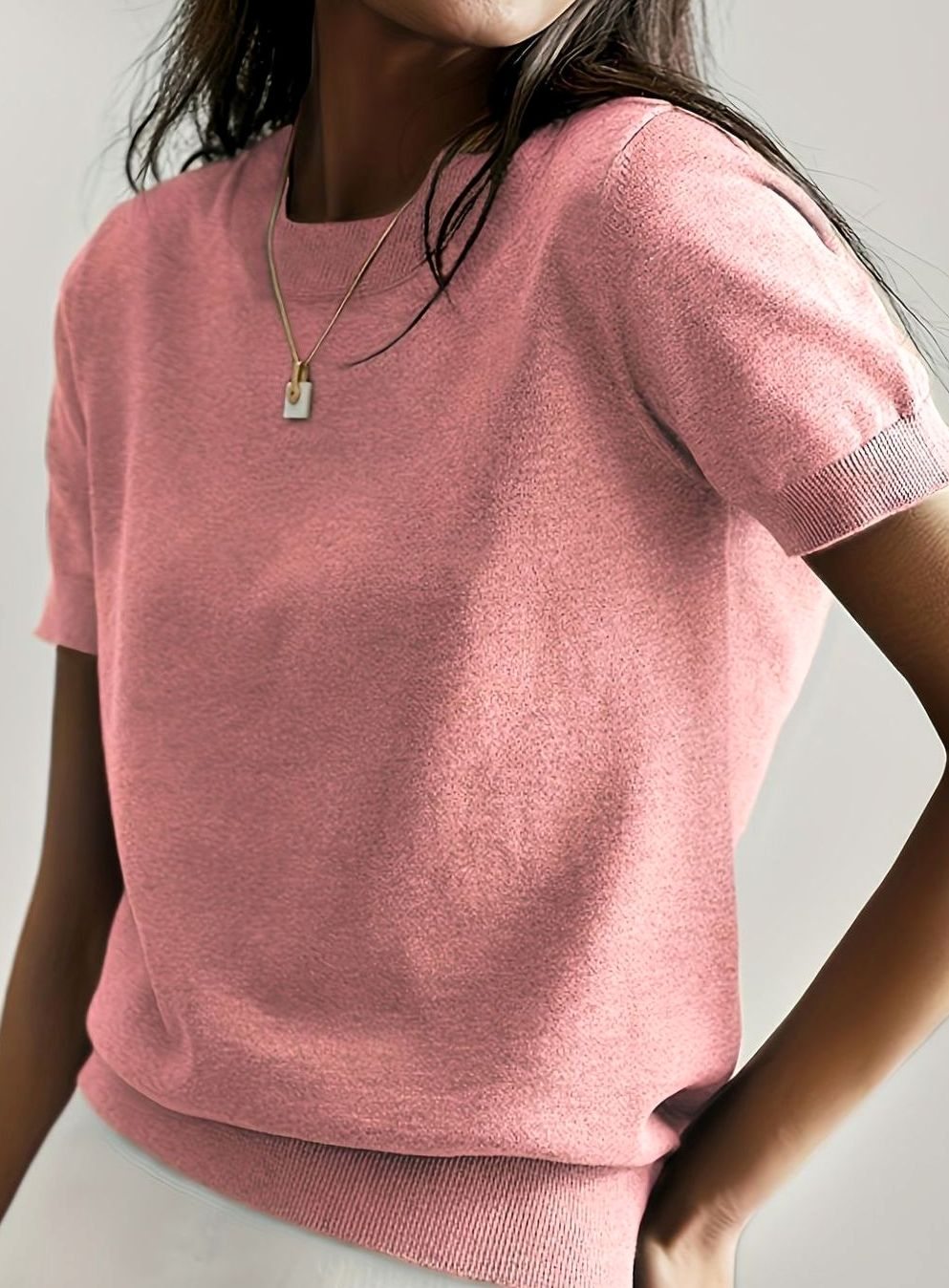 Women's Relaxed-Fit Round-Neck Short-Sleeve Knitted Jumper Top, Blue - Pink