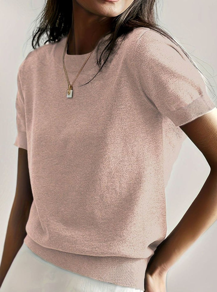 Women's Relaxed-Fit Round-Neck Short-Sleeve Knitted Jumper Top - Peach