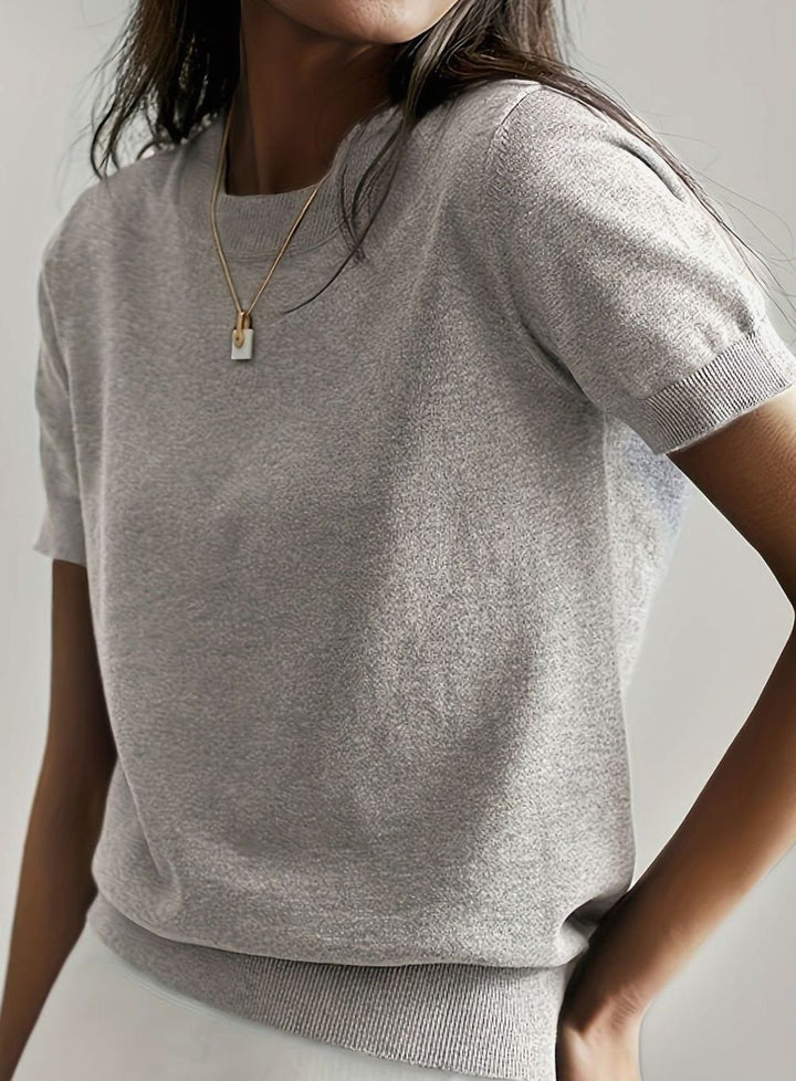 Women's Relaxed-Fit Round-Neck Short-Sleeve Knitted Jumper Top, Blue - Light Grey