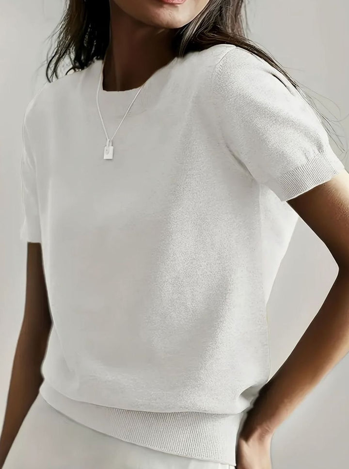 Women's Relaxed-Fit Round-Neck Short-Sleeve Knitted Jumper Top, Blue - White