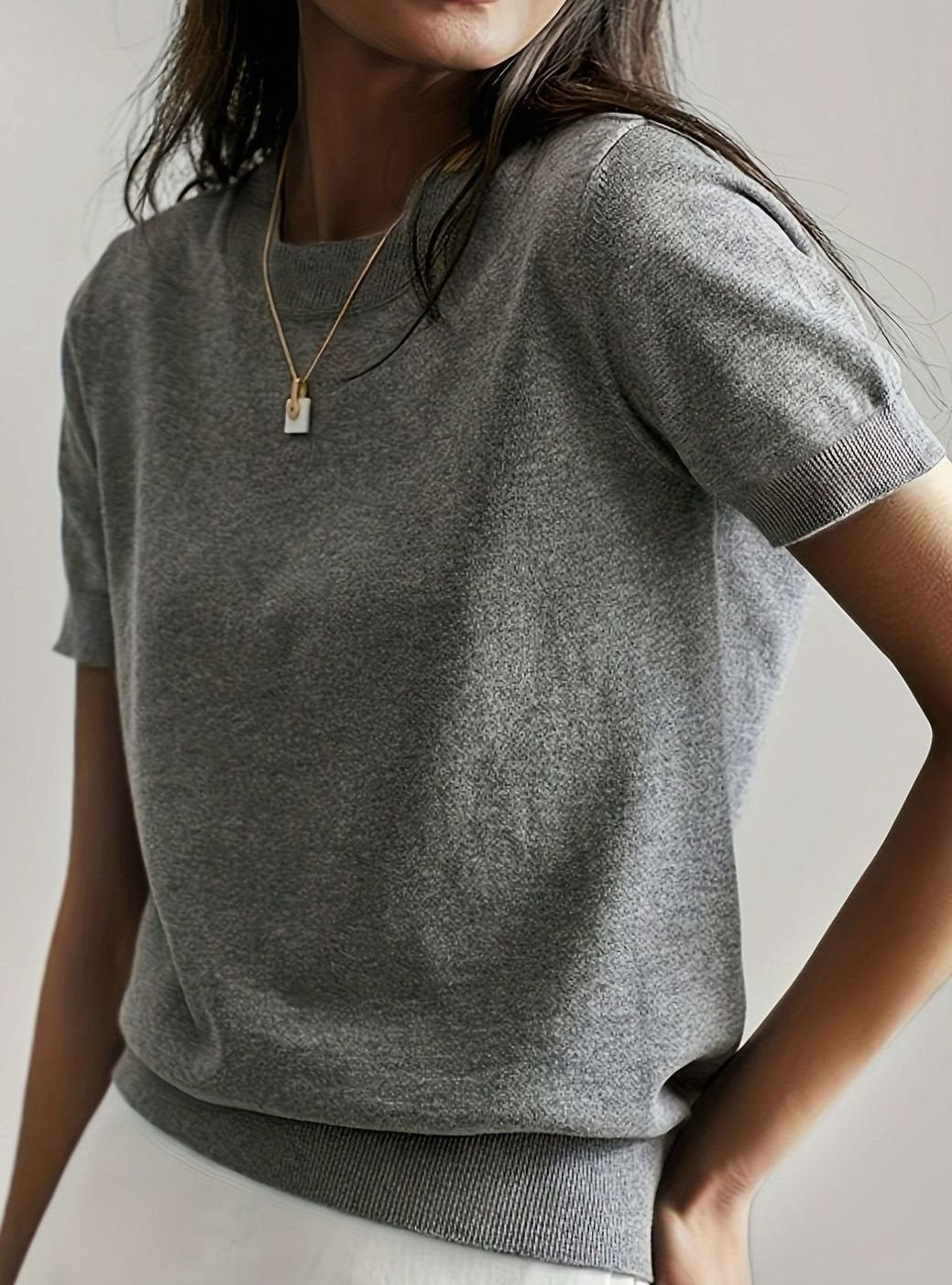 Women's Relaxed-Fit Round-Neck Short-Sleeve Knitted Jumper Top - Grey