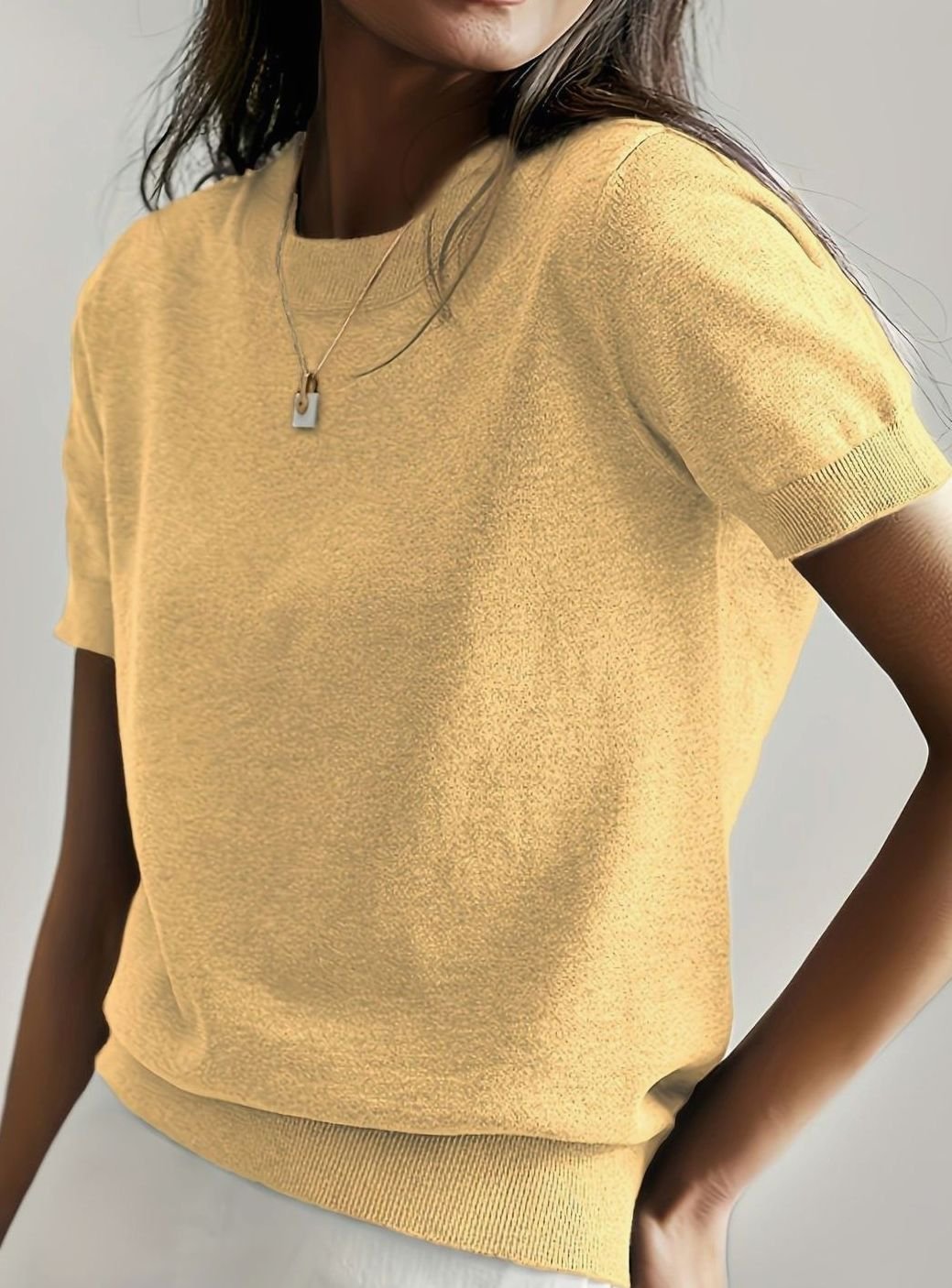 Women's Relaxed-Fit Round-Neck Short-Sleeve Knitted Jumper Top, Blue - Yellow