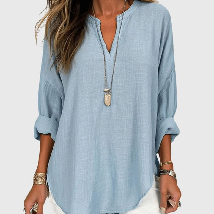 Women's Relaxed-Fit V-Neck Flowy Long-Sleeve Linen Blouse - Light Blue