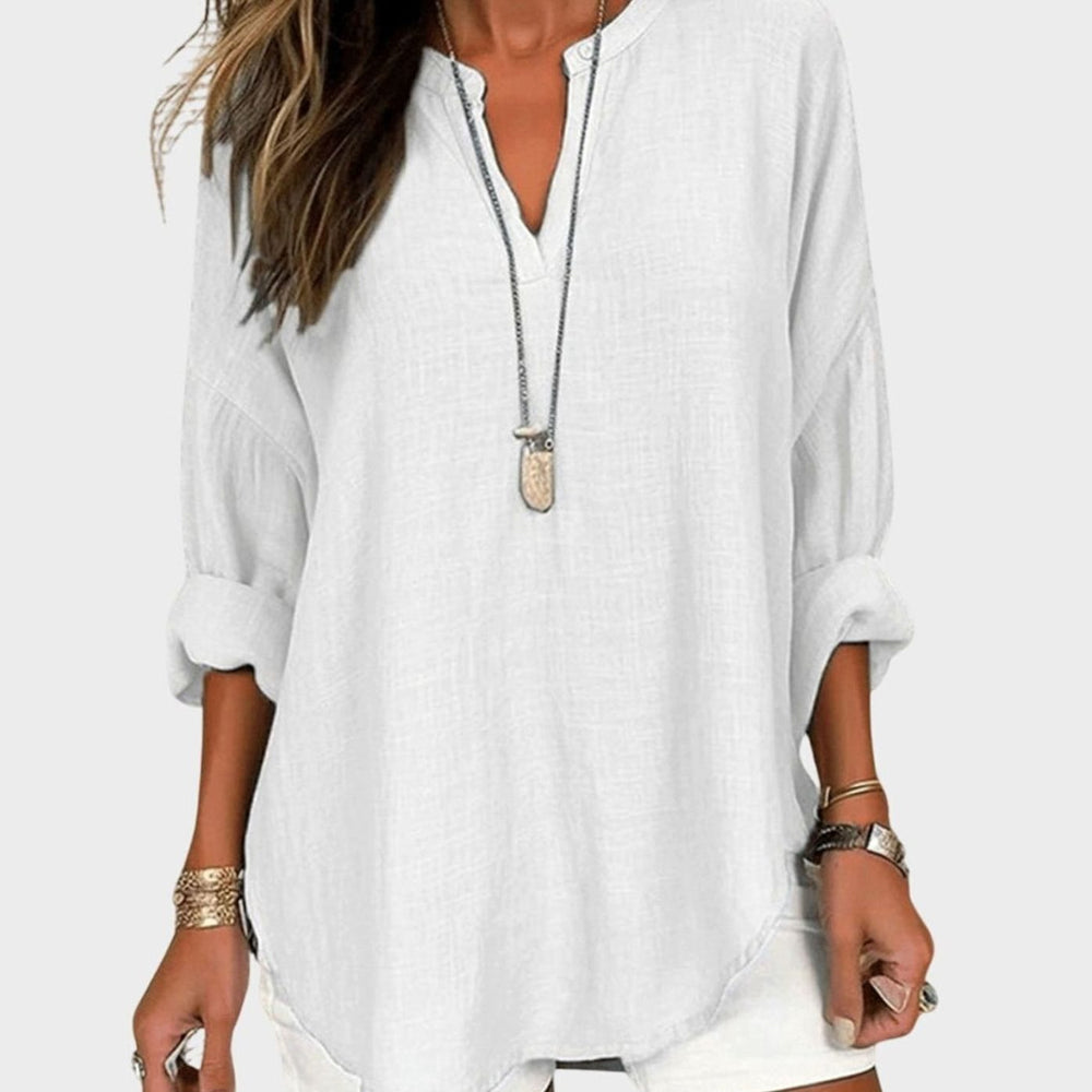 Women's Relaxed-Fit V-Neck Flowy Long-Sleeve Linen Blouse - White