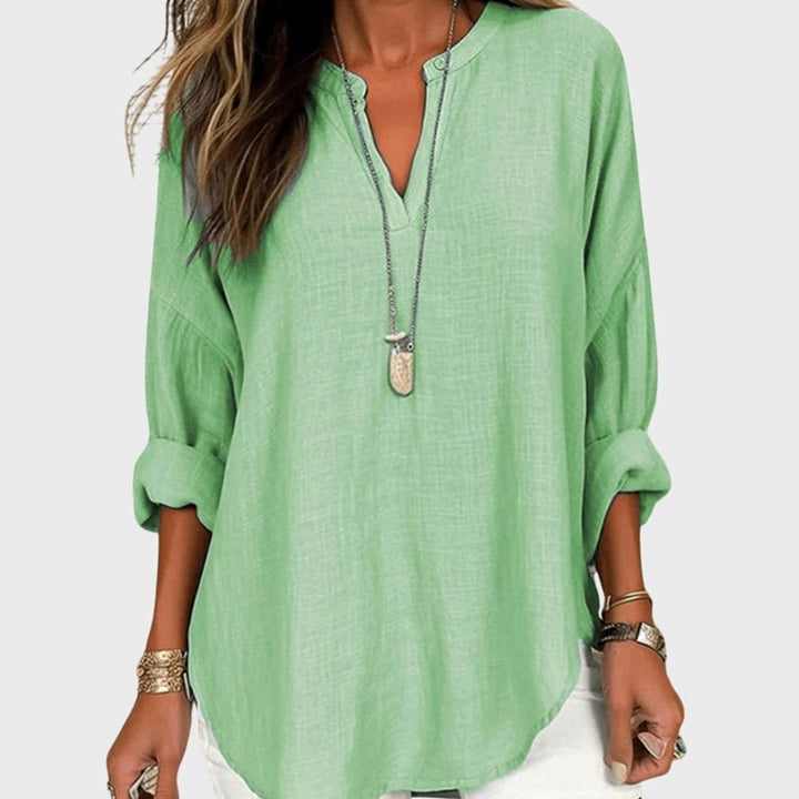 Women's Relaxed-Fit V-Neck Flowy Long-Sleeve Linen Blouse - Green