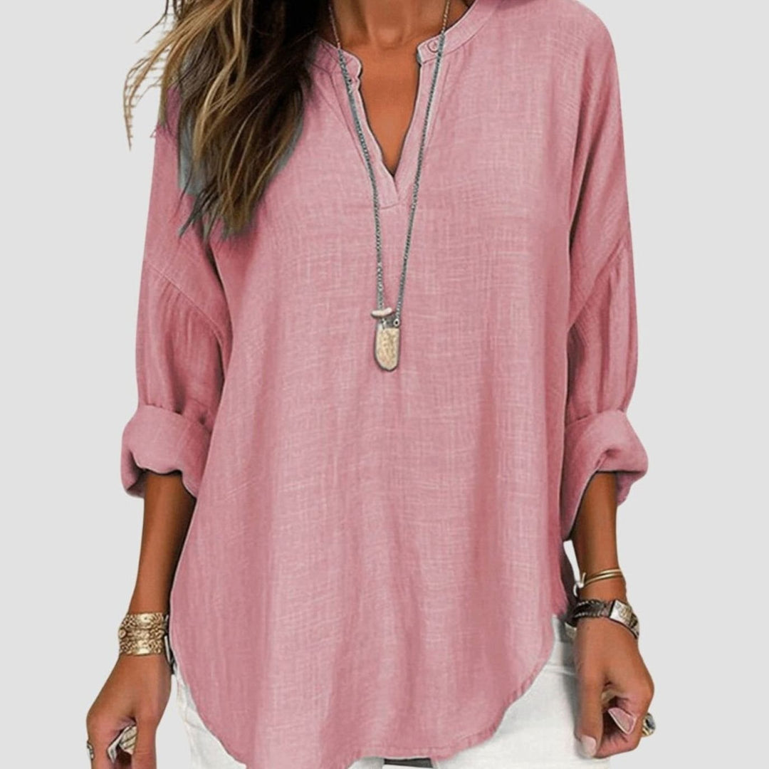Women's Relaxed-Fit V-Neck Flowy Long-Sleeve Linen Blouse - Pink