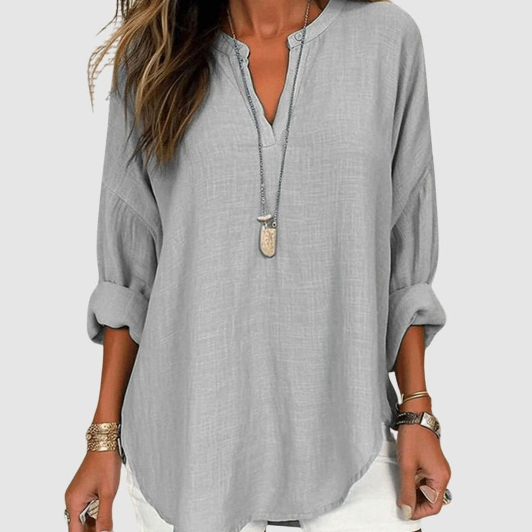 Women's Relaxed-Fit V-Neck Flowy Long-Sleeve Linen Blouse - Grey