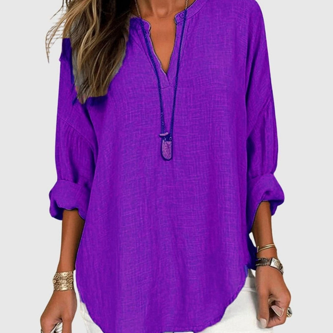 Women's Relaxed-Fit V-Neck Flowy Long-Sleeve Linen Blouse - Purple
