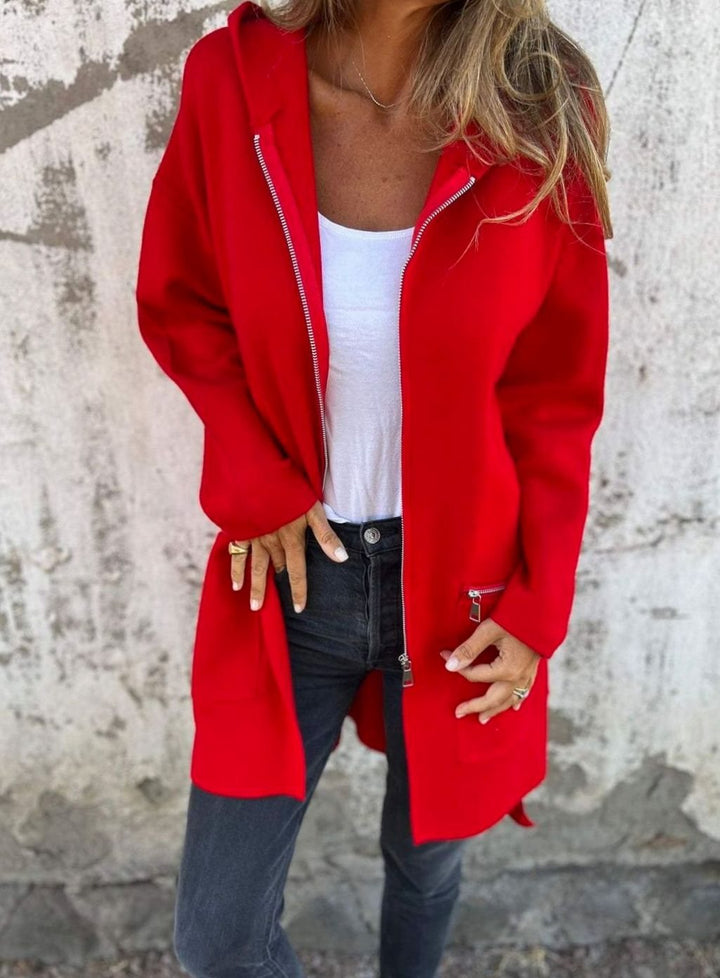 Women's Relaxed-Fit Zip-Up Hooded Trench Coat, Red