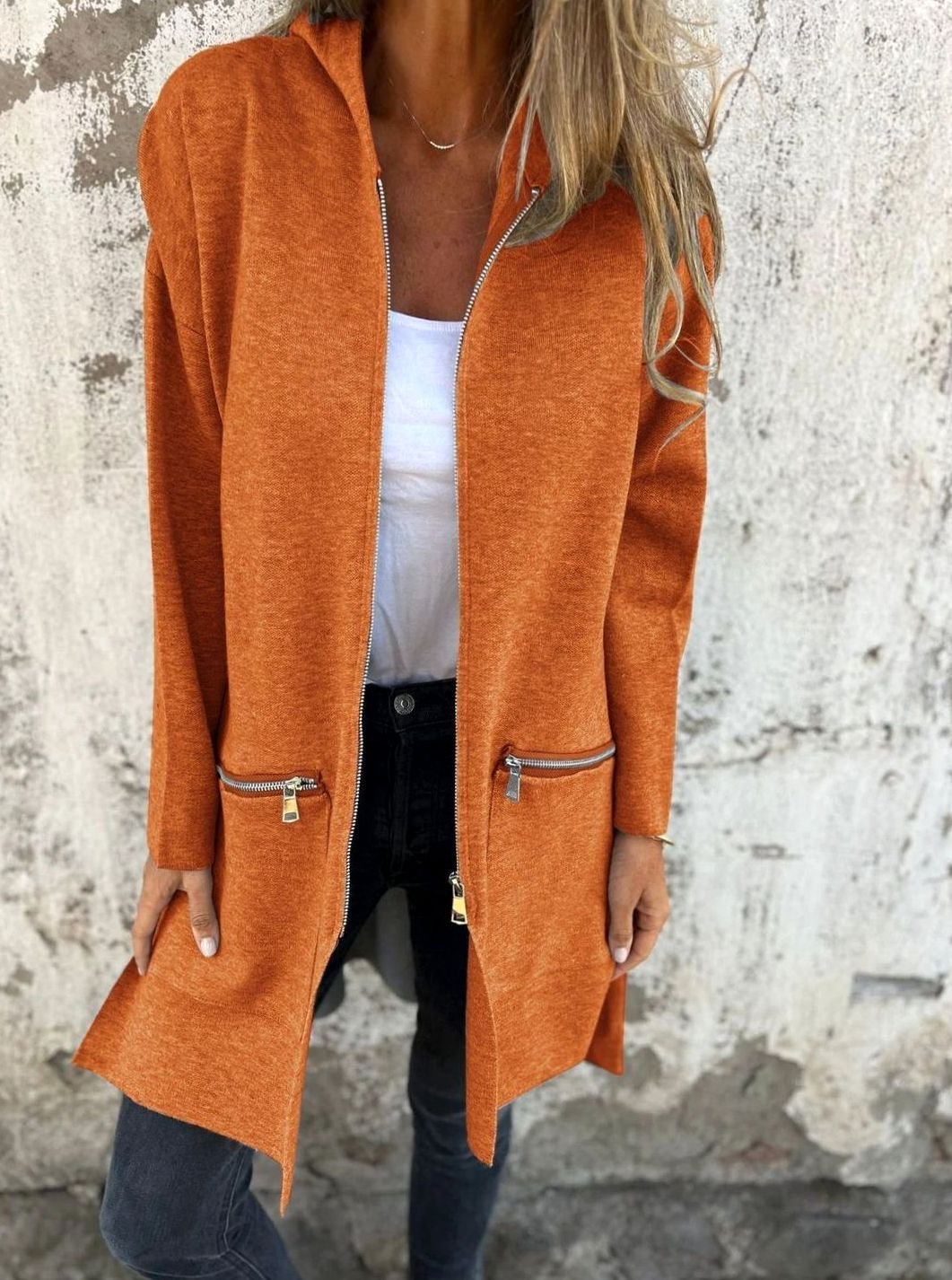 Women's Relaxed-Fit Zip-Up Hooded Trench Coat, Red - Orange