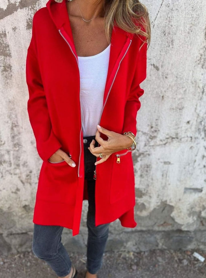 Women's Relaxed-Fit Zip-Up Hooded Trench Coat, Red - Red