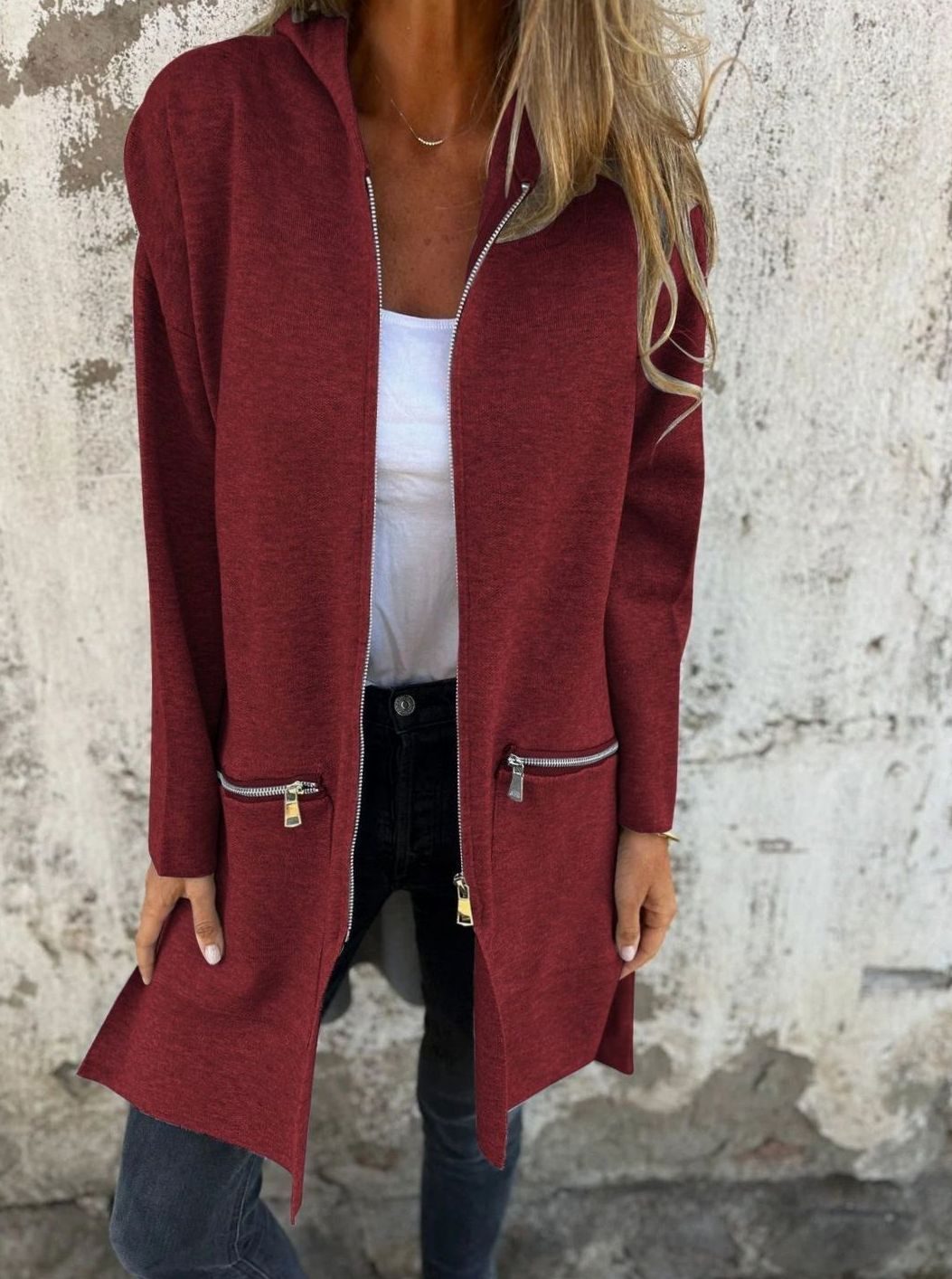 Women's Relaxed-Fit Zip-Up Hooded Trench Coat, Red - Dark Red