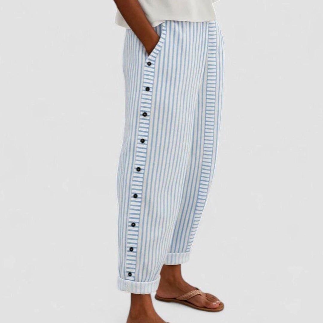 Women's Relaxed Tapered Striped Trousers Side Button Detail - Blue