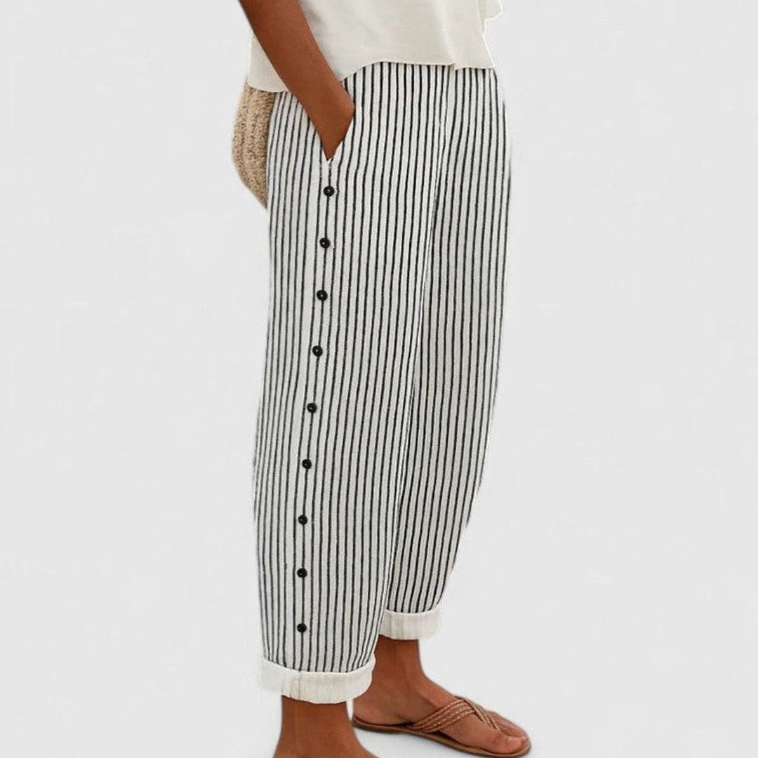 Women's Relaxed Tapered Striped Trousers Side Button Detail - Black