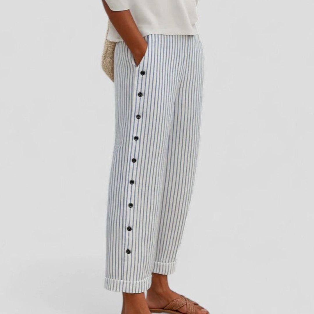 Women's Relaxed Tapered Striped Trousers Side Button Detail - Grey
