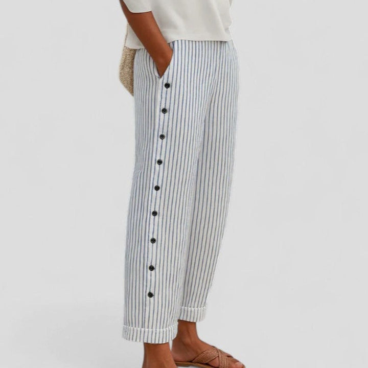 Women's Relaxed Tapered Striped Trousers Side Button Detail - Grey