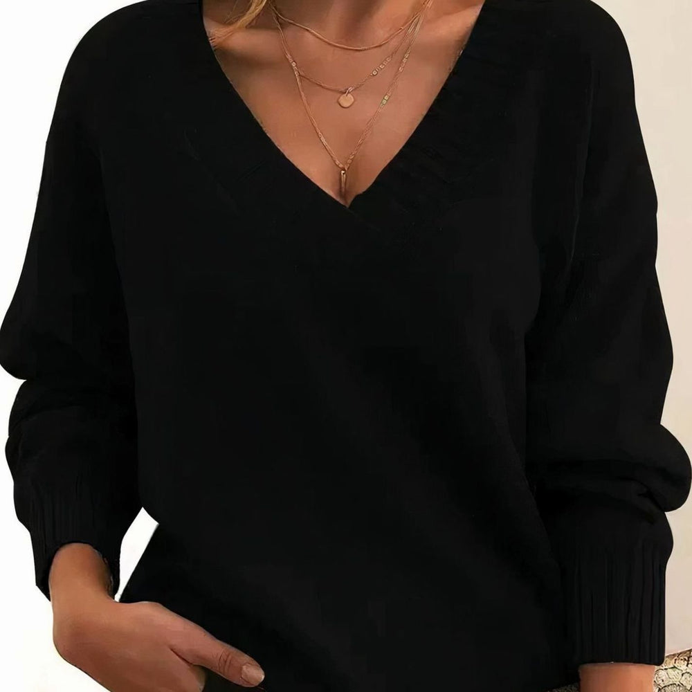 Women's Relaxed V-Neck Cashmere Blend Long Sleeve Knit Jumper - Black