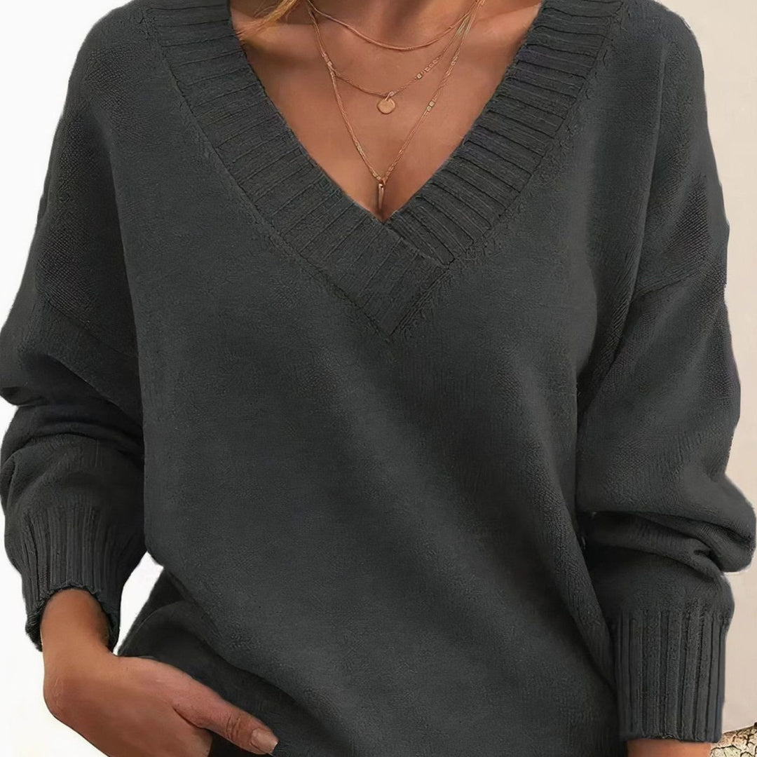 Women's Relaxed V-Neck Cashmere Blend Long Sleeve Knit Jumper - Dark Grey