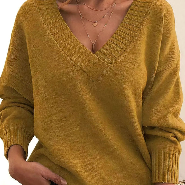 Women's Relaxed V-Neck Cashmere Blend Long Sleeve Knit Jumper - Gold