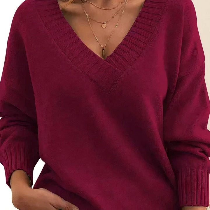 Women's Relaxed V-Neck Cashmere Blend Long Sleeve Knit Jumper - Red
