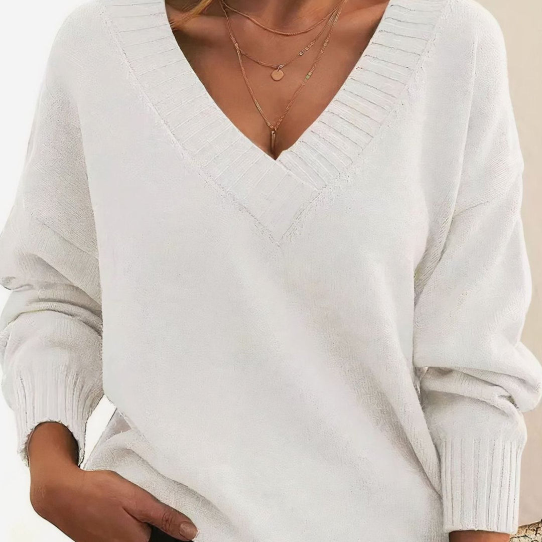Women's Relaxed V-Neck Cashmere Blend Long Sleeve Knit Jumper - White