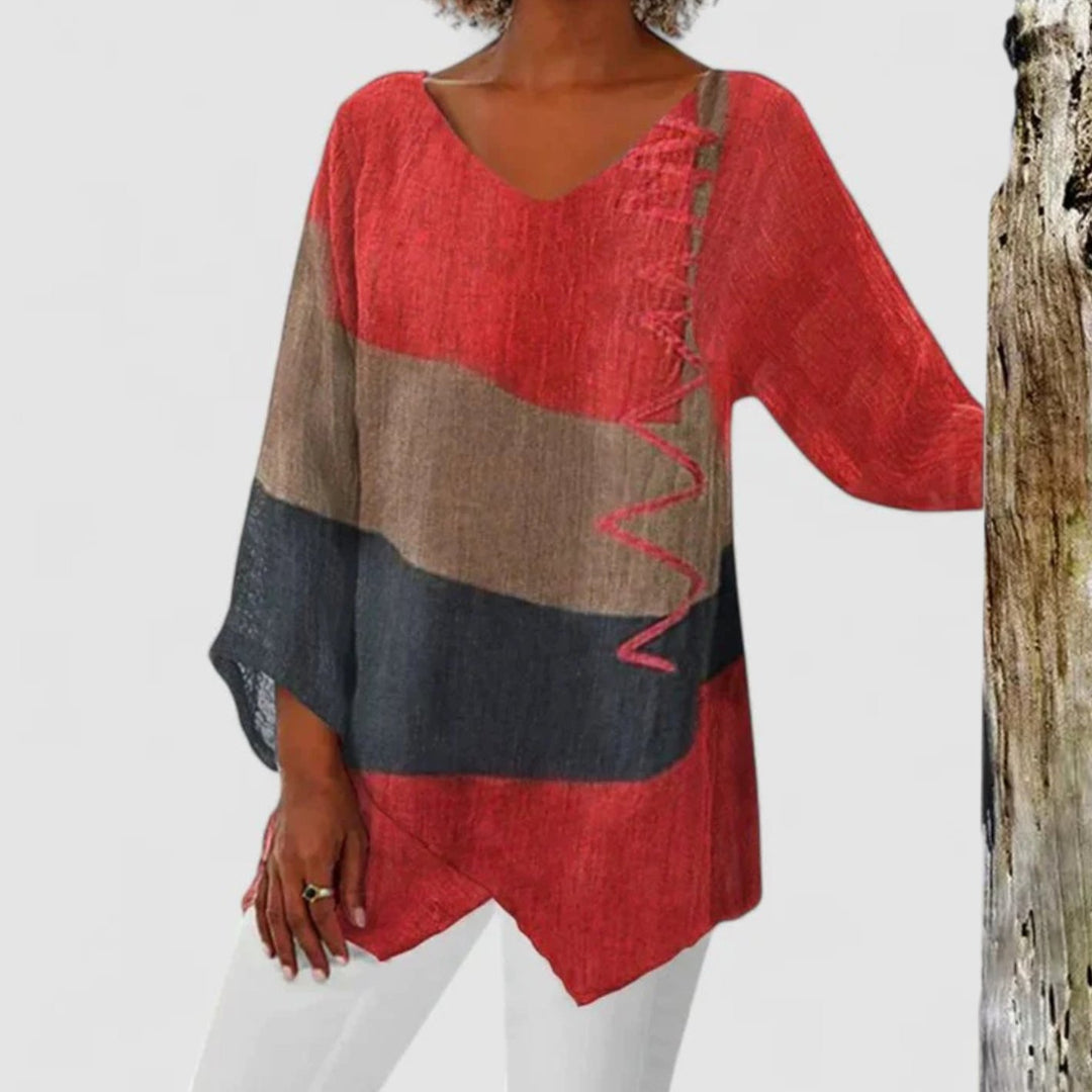 Women's Relaxed V-Neck Colour Block Asymmetric Hem Tunic - Red