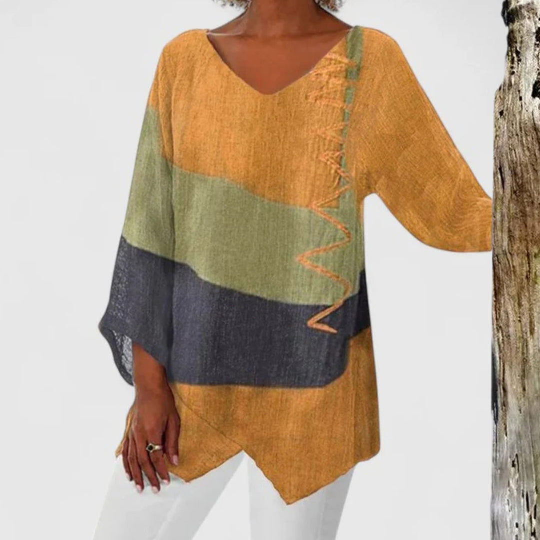 Women's Relaxed V-Neck Colour Block Asymmetric Hem Tunic - Yellow