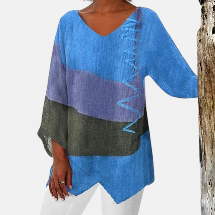 Women's Relaxed V-Neck Colour Block Asymmetric Hem Tunic - Blue