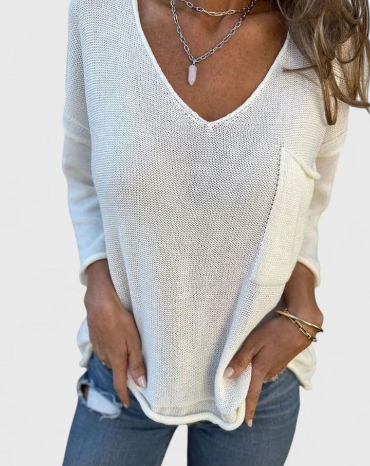 Women's Relaxed V-Neck Knit Jumper with Chest Pocket - White