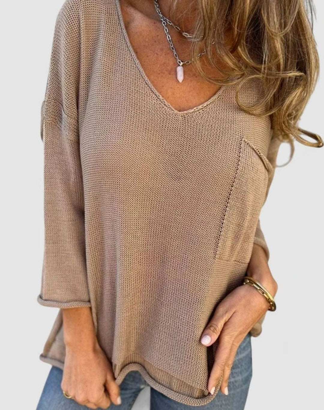 Women's Relaxed V-Neck Knit Jumper with Chest Pocket - Khaki