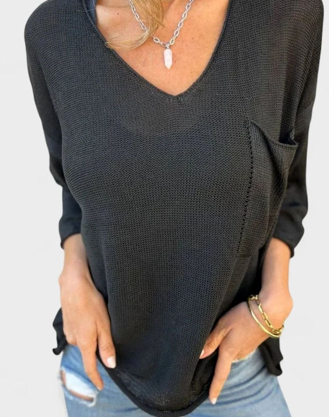 Women's Relaxed V-Neck Knit Jumper with Chest Pocket - Black