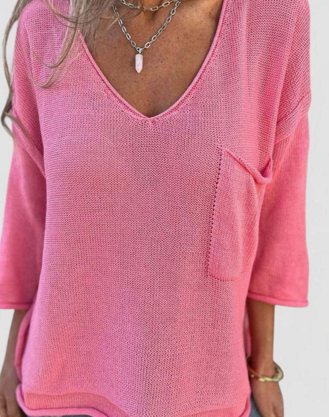 Women's Relaxed V-Neck Knit Jumper with Chest Pocket - Pink