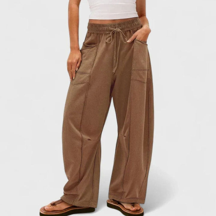 Women's Relaxed Wide-Leg Drawstring Cargo Trousers - Light Brown