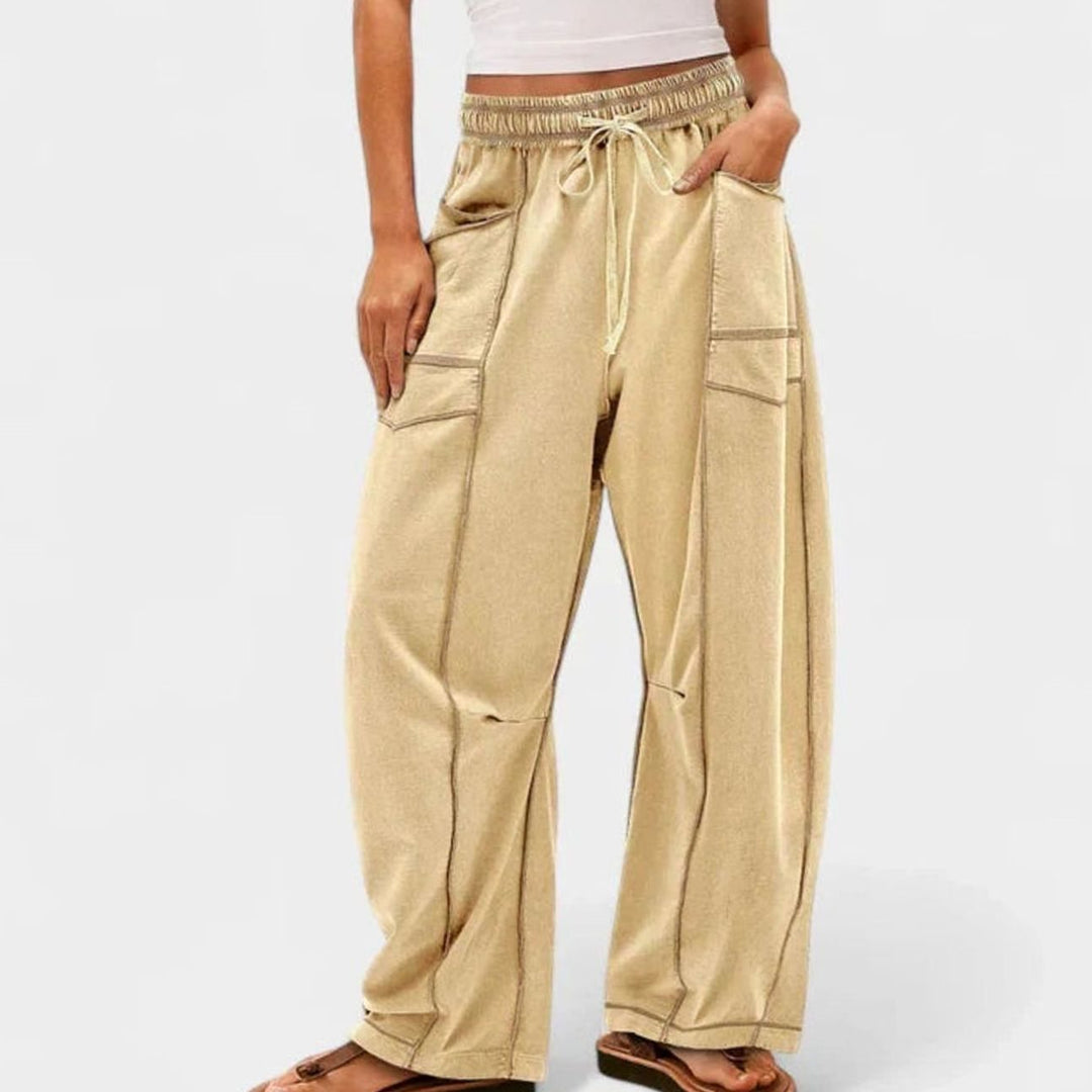 Women's Relaxed Wide-Leg Drawstring Cargo Trousers - Khaki