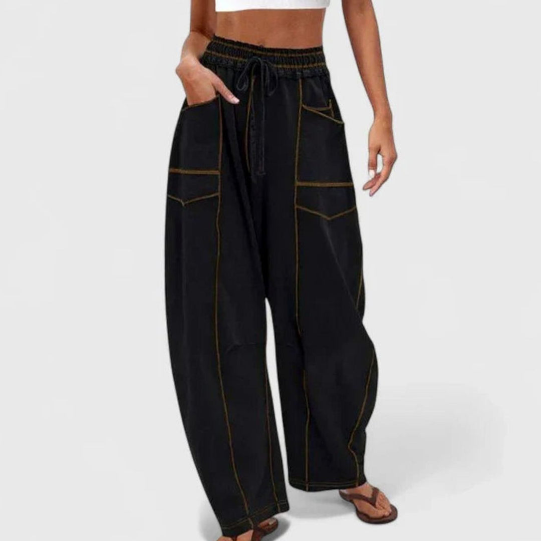 Women's Relaxed Wide-Leg Drawstring Cargo Trousers - Black