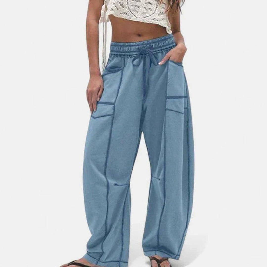 Women's Relaxed Wide-Leg Drawstring Cargo Trousers - Blue