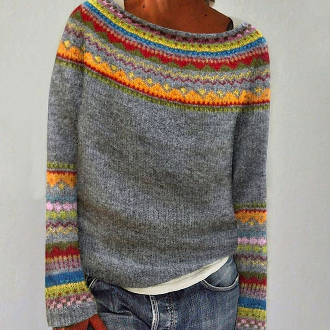 Women's Retro Multicolour Striped Relaxed-Fit Knit Jumper - Grey with Coloured Stripes