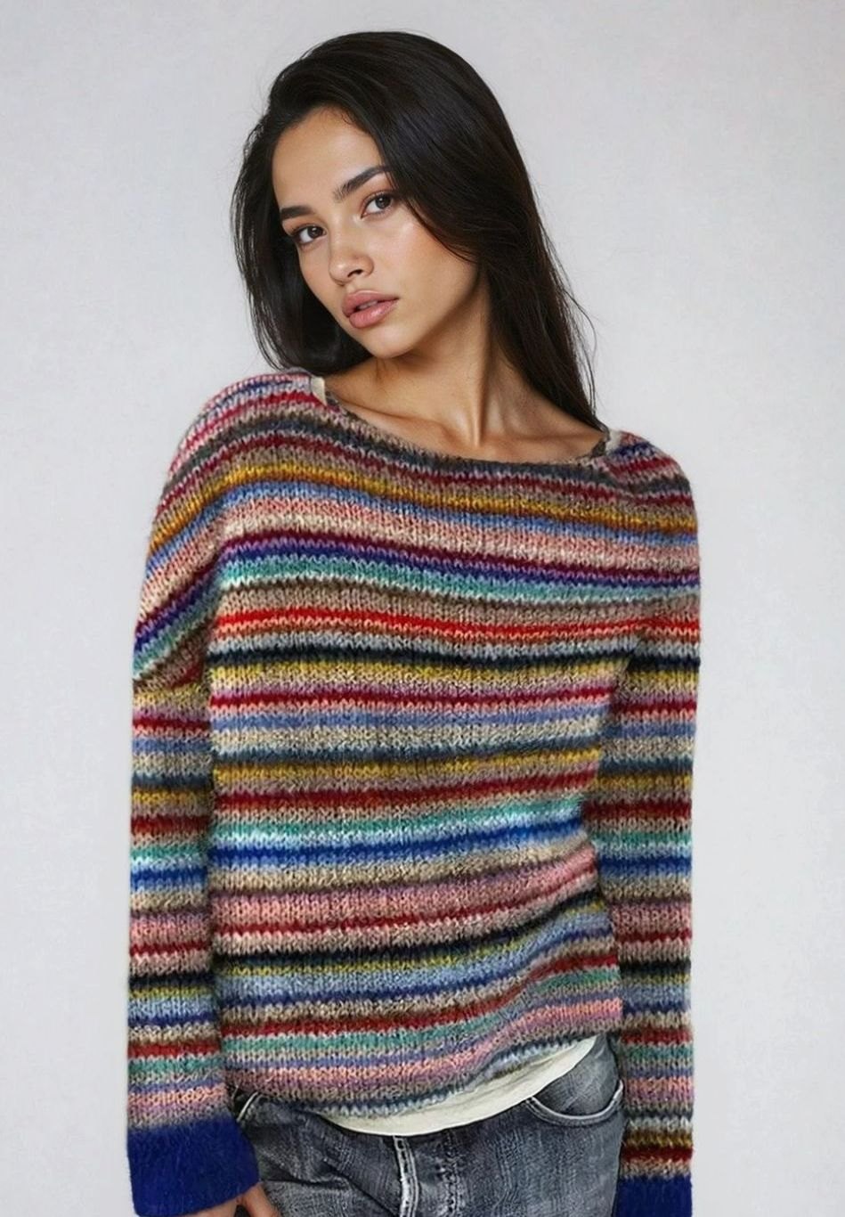 Women's Retro Multicolour Striped Relaxed-Fit Knit Jumper