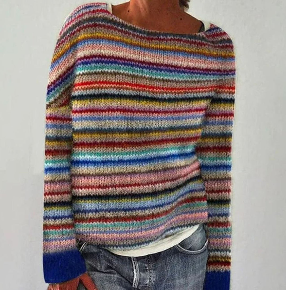 Women's Retro Multicolour Striped Relaxed-Fit Knit Jumper - Multicolour