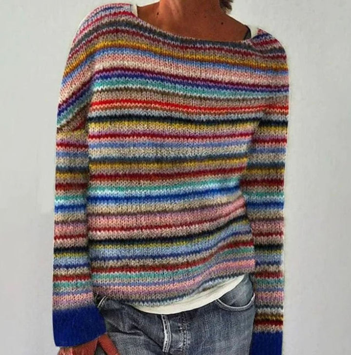 Women's Retro Multicolour Striped Relaxed-Fit Knit Jumper - Multicolour
