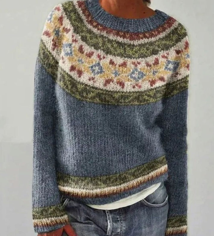Women's Retro Multicolour Striped Relaxed-Fit Knit Jumper - Grey with Stars