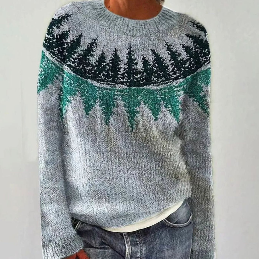 Women's Retro Multicolour Striped Relaxed-Fit Knit Jumper - Light Blue with Tree Print
