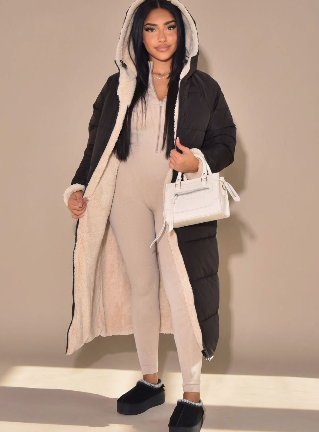 Women's Reversible Hooded Longline Sherpa Puffer Winter Coat - Black