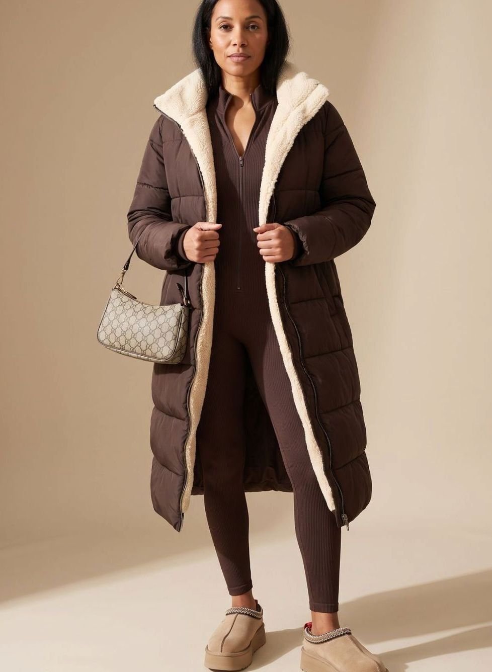 Women's Reversible Hooded Longline Sherpa Puffer Winter Coat - Brown
